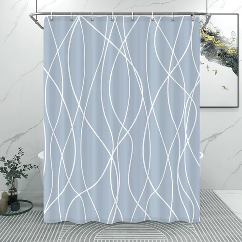 Miniatura 17 de Juego de cortinas de ducha azul egeo para baño con ganchos, cortinas de baño decorativas repelentes al agua y lavables con rayas blancas, 72 x 72