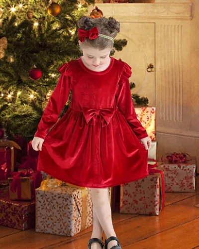 Miniatura 5 de Kucnuzki Vestido de terciopelo para niña pequeña, vestido de terciopelo sólido para niña, vestido de princesa casual para fiesta de otoño