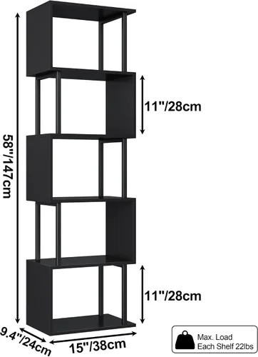 Miniatura 3 de Yusong Estantería de 5 niveles, estantería geométrica en forma de S para dormitorio, estante decorativo de madera moderna para oficina en casa, Negro