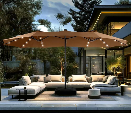 Miniatura 18 de PHI VILLA Sombrilla de patio grande de 15 pies con base y luces solares, paraguas rectangular de doble cara para exteriores con 36 luces LED, Beige