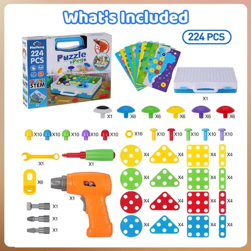 Miniatura 9 de 224 juguetes de construcción STEM para niños de 4 a 8 años, juego creativo de taladro de mosaico con taladro eléctrico y destornillador, kit