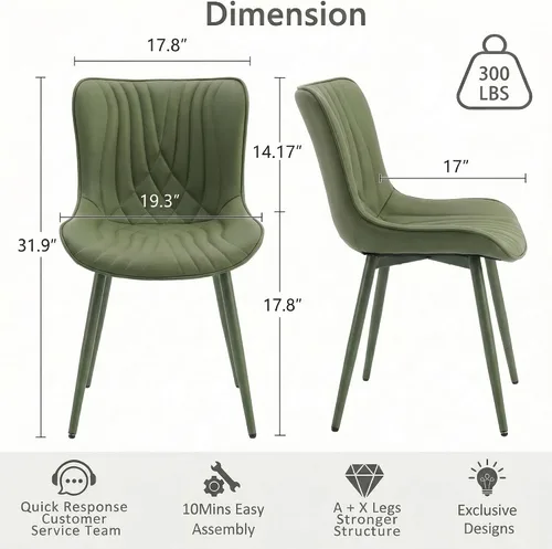 Miniatura 2 de Kidol & Shellder Juego de 2 sillas de comedor, modernas de mediados de siglo con patas de metal, silla lateral tapizada de piel sintética para Verde