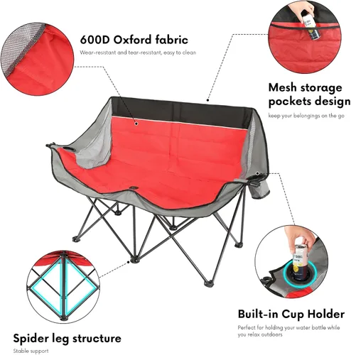 Miniatura 4 de Byliable Silla de campamento doble para exteriores, de 2 plazas, de gran tamaño, portátil, plegable, con portavasos y bolsillo de almacenamiento