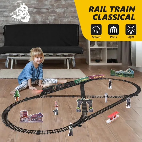 Miniatura 8 de Juego de tren para niños, tren de locomotora de vapor con coche de carbón, vagón de pasajeros, coche de carga y pistas largas, kits de tren