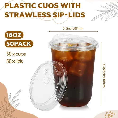 Miniatura 3 de Ziliny Juego de 50 vasos de plástico transparente con tapas para sorber sin pajilla, tazas de café helado transparentes gruesas y desechables