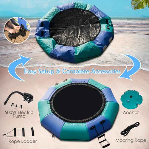 Miniatura 4 de GYMAX Trampolín de agua, trampolín flotante para lago con bomba eléctrica y escalera de cuerda, gorila de agua inflable para lago, resistente