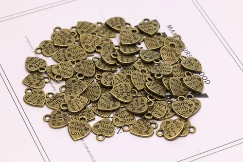 Miniatura 2 de Shapenty 100 mini cuentas de metal en forma de corazón "Hecho con amor" a granel para manualidades, llavero, collares, colgantes, pulseras, aretes