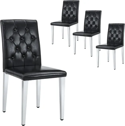 Miniatura 9 de Juego de 4 sillas de comedor negras, modernas sillas de comedor tapizadas con patas de metal negro, cómodas sillas Parsons de piel sintética