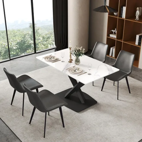 Miniatura 9 de Mesa de comedor moderna, mesa de comedor de piedra sinterizada blanca antigua con base de acero al carbono sólido en forma de X, mesa de comedor