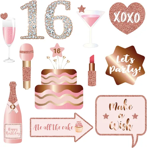Miniatura 3 de Accesorios y letreros para cabina de fotos de fiesta de cumpleaños número 16, color oro rosa, kit de accesorios para selfies con palos para niñas