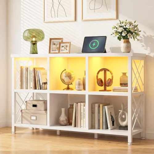 Miniatura 12 de DurayLoly Organizador de almacenamiento de 6 cubos con luz LED y estación de carga, estante de cubos de madera y metal, estante de libros horizontal