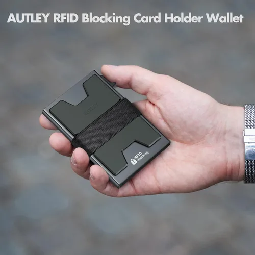 Miniatura 16 de AUTLEY Portatarjetas delgado, billetera minimalista desplegable para hombres, con bloqueo RFID y banda para efectivo (negro)