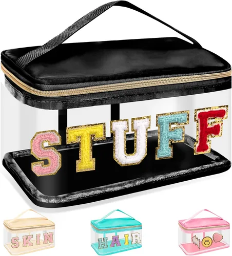 Miniatura 21 de izuzta Bolsas de maquillaje transparentes con letras de chenilla, bolsa de maquillaje de parche preppy con asa