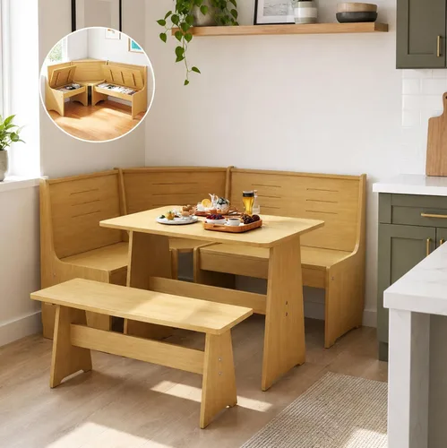 Miniatura 9 de Juego de rincón de desayuno de 3-4 asientos en forma de L con almacenamiento oculto - Mesa de comedor de cocina esquinera que ahorra espacio y juego