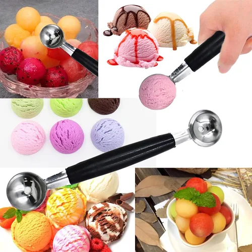 Miniatura 5 de Paquete de 4 cucharas de bola de helado de fruta de doble extremo, bola de melón de acero inoxidable 430, bolas de melón redondas lisas para sandía
