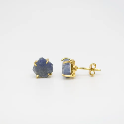 Miniatura 3 de Raw Blue Sapphire Gemstone Stud Earrings- Prong Setting- 14k Gold overlay on Sterling Silver- September Birthstone Birthday Gift Idea