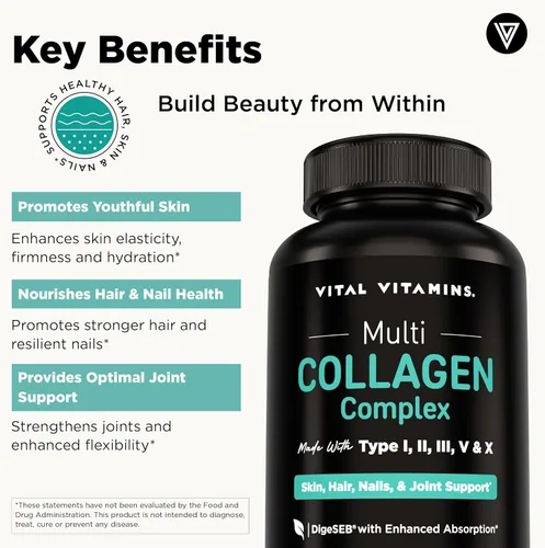 Miniatura 3 de Vital Vitamins Píldoras de colágeno múltiple para mujeres y hombres (paquete de 2) – Péptidos de colágeno hidrolizados – Tipo I, II, III, V, X