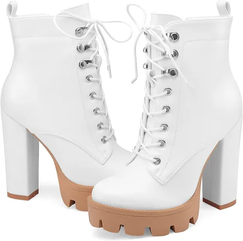 Miniatura 4 de Botines de plataforma para mujer, de tacón grueso, suela de lengüeta, botas de combate con cordones y tacón alto