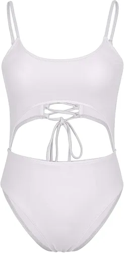Miniatura 6 de Meyeeka Monokini con cuello redondo para mujer, parte delantera de encaje, corte alto, una pieza