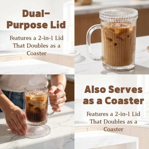 Miniatura 3 de Noamus Paquete de 4 tazas de café de vidrio con tapa y cuchara, taza de té de rayas verticales acanaladas de 13 onzas, juego de cristalería clásica