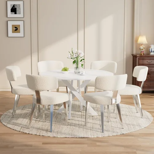 Miniatura 14 de Juego de mesa de comedor de madera para 2, mesa de cocina redonda de 36 pulgadas con 2 sillas de comedor Boucle, mesa de MDF con patas de metal