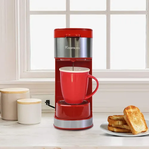 Miniatura 2 de Koolatron Kenmore Cafetera de una porción y Taza de Viaje de Acero Inoxidable, Compatible con Cápsulas/Pods y Café Molido, Compatible con K Cup, Rojo