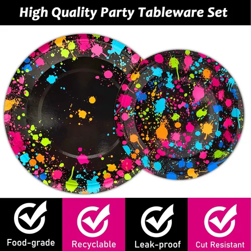 Miniatura 4 de Suministros de fiesta de neón para 24 invitados, juego de platos y servilletas de papel desechables de neón, vajilla brillante, decoración de fiesta