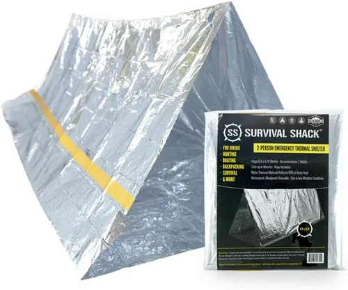 SharpSurvival Shack - Tienda de campaña de supervivencia de emergencia – Tienda de campaña de tubo Mylar para 2 personas – Ligero 8 x 5 pies refugio