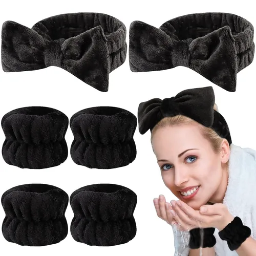 Casoty Juego de 6 diademas de microfibra negra suave de forro polar coral, buena elasticidad, amplia aplicación para maquillaje, yoga, lectura,