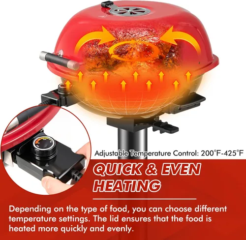 Miniatura 4 de ORALNER Parrilla eléctrica para barbacoa con soporte, rejilla de calentamiento y bandeja de goteo, parrilla eléctrica de 15 porciones para Rojo