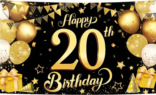 KatchOn, Cartel de feliz cumpleaños número 20 negro y dorado – Grande, 72 x 44 pulgadas | Cartel de 20 cumpleaños | Saludos a los 20 años |