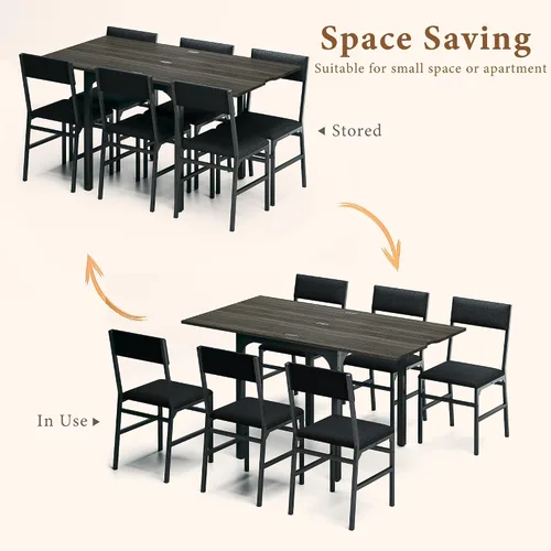 Miniatura 4 de Juego de mesa de comedor de 7 piezas para 4-6, sillas extensibles para mesa de cocina, juego de 6 con 6 sillas, mesa de comedor rectangular