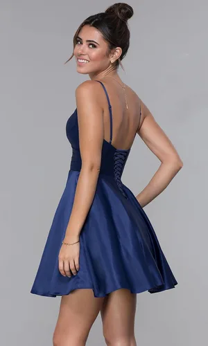 Miniatura 2 de Vestidos cortos de fiesta de exalumnos con bolsillos, línea A, de satén fruncido, vestidos formales de cóctel para baile de graduación