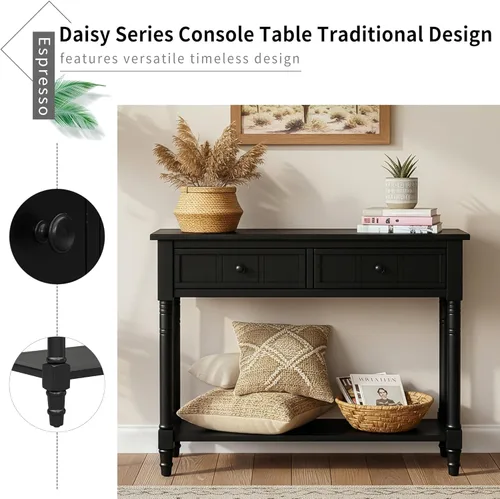 Miniatura 6 de P PURLOVE Mesa de consola Aparador Mesa de sofá de madera con 2 cajones y estante inferior (negro)