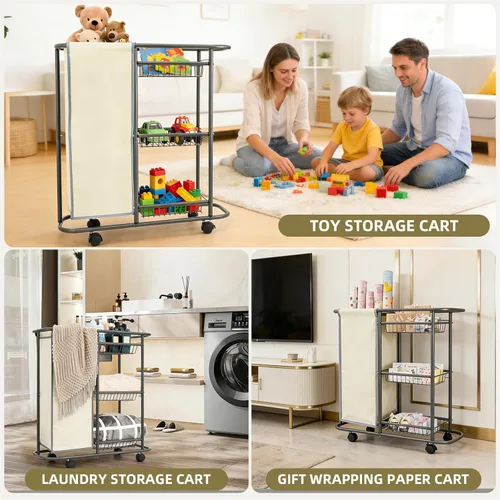Miniatura 6 de Cesta de lavandería con 3 cestas de almacenamiento y bolsa de 45 L, carrito de lavandería resistente con ruedas y asa, ahorro de espacio, Beige