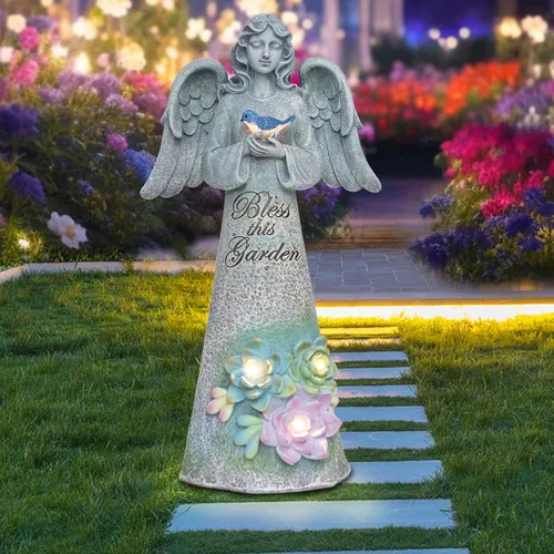 Miniatura 3 de Estatua de jardín de ángeles, decoración al aire libre, jardín de ángel sosteniendo pájaro con luces solares, regalos de jardinería para mamá