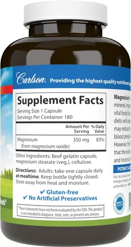 Miniatura 6 de Carlson - Magnesio, 350 mg, Apoyo Cardiovascular, Función Muscular y Salud Nerviosa, 180 cápsulas