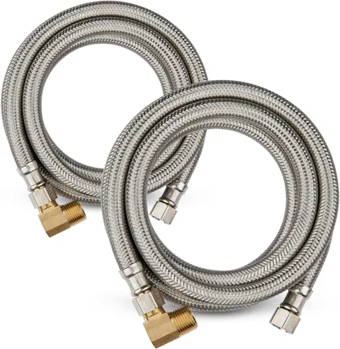 Miniatura 20 de Paquete de 1 manguera Foskan de acero inoxidable para lavavajillas de 4 pies con compilación de 3/8 pulgadas x 3/8 pulgadas MIP 90° codo, conector