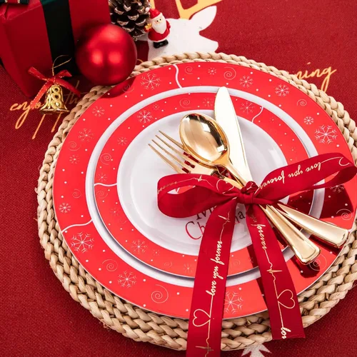 Miniatura 4 de Rubtlamp 125 piezas de platos de plástico de Navidad, platos rojos de plástico con árbol de Navidad nevado, vajilla desechable de Navidad incluye 25