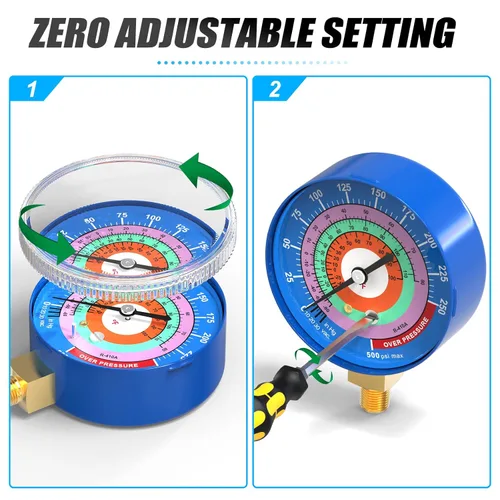 Miniatura 6 de MEANLIN MEASURE Medidor de presión para refrigeración, 1/8" NPT, 30 in HG a 250Psi, 2-3/4" dial, R-404A, R-22, R-410A, grado F, con 1/4" NPT y 3/8
