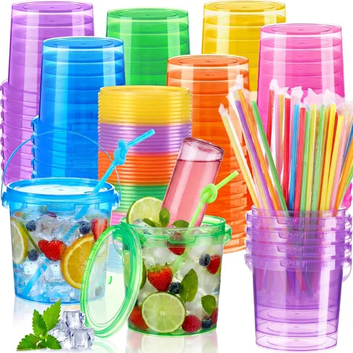 Miniatura 17 de Funnymoom Paquete de 36 cubos de plástico para ron para bebidas con pajita, cubeta de cóctel para helado, con tapas y asas, recipientes de alimentos