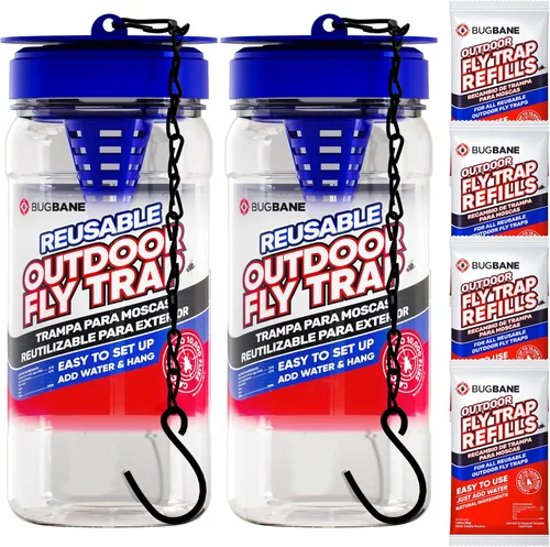 Miniatura 10 de Trampa para moscas para exteriores para patio con 2 recambios de cebo solubles no tóxicos. Reutilizable para colgar insectos para todas las moscas
