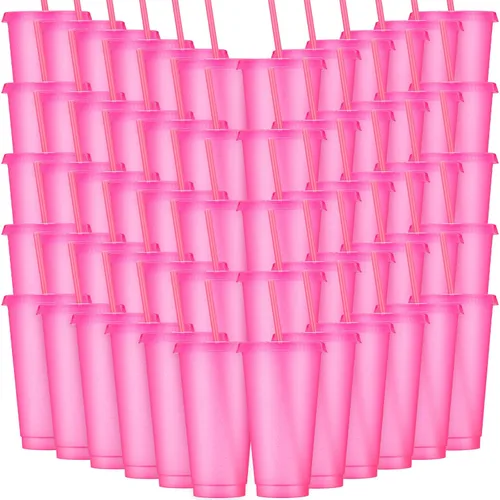 Miniatura 30 de Honeydak Paquete de 60 vasos con popote y tapa, vasos a granel para regalos, tazas de café de plástico con purpurina de 24 a 27 onzas, botella