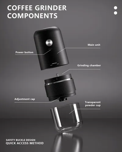 Miniatura 3 de Molinillo de café eléctrico portátil, molinillo de café automático con diseño de carga inalámbrica USB tipo C, ajustable de grueso a fino para Negro