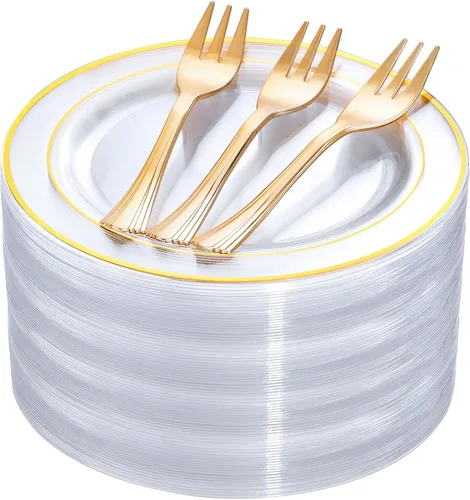 DaYammi 240 platos de postre que incluyen 120 platos dorados para pastel de 6.3 pulgadas con 120 tenedores de plástico dorado de 5.7 pulgadas,