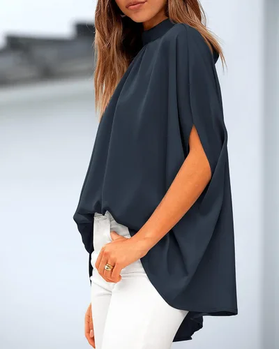 Miniatura 133 de BTFBM Blusas de verano para mujer, cuello alto falso, manga murciélago, holgadas, dobladillo alto y bajo, blusas informales de gran
