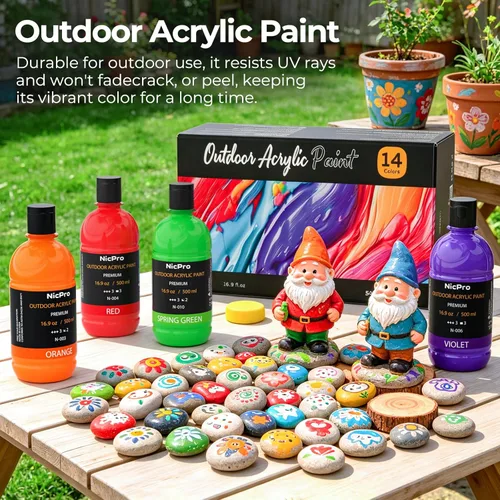Miniatura 5 de Nicpro Juego de pintura acrílica al aire libre de gran volumen de 14 colores (500 ml, 16.9 oz) Suministros de pintura artística ricos, no tóxicos