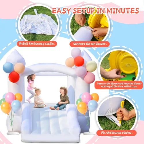 Miniatura 4 de Casa hinchable blanca para niños: casa inflable portátil con soplador para fiestas de cumpleaños en interiores y exteriores, boda, pequeño castillo