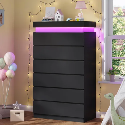 Miniatura 11 de HAUOMS Cómoda alta de 5 cajones con luz LED, cómoda moderna negra para dormitorio, cómodas de armario con cajones para sala de estar, entrada
