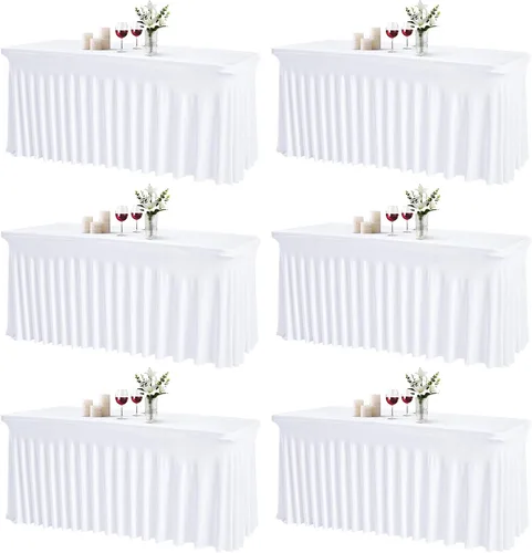 Miniatura 24 de JCJ Faldón de mesa para mesas rectangulares, manteles negros ajustados de spandex para mesas de 4 pies, faldones de mesa elásticos con volantes